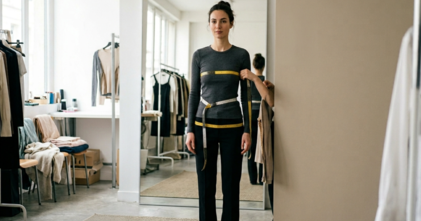 Casting femme mannequin cabine faisant une taille 40 pour essayages de prêt-à-porter féminin