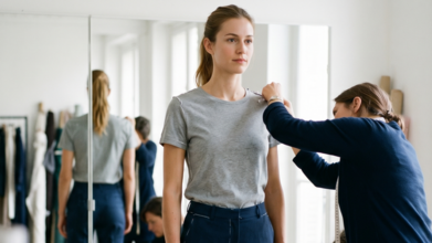 Casting femme mannequin cabine faisant du 36 pour essayages de vêtements
